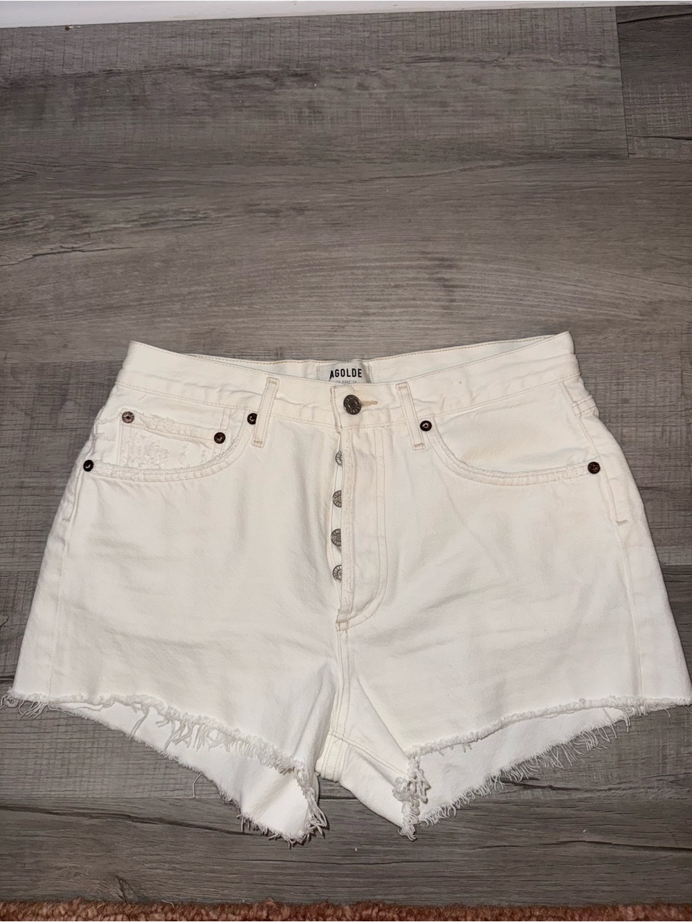 Agolde White High-Rise Button-Fly Frayed Hem Denim Shorts